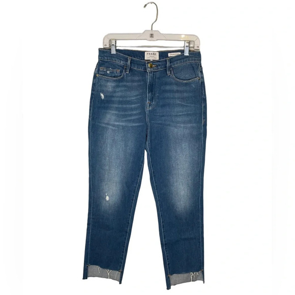 Frame Le Nouveau Straight Asymmetrical Raw Hem Jeans Women’s Size 29 Denim - Picture 3 of 8